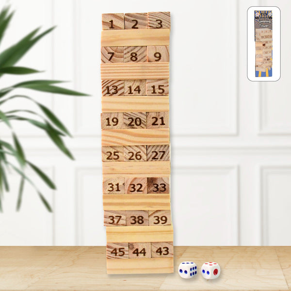 Wooden Tumbling Stacking Tower Game, Zenga tower (48 Pcs Blocks 2 Dices)